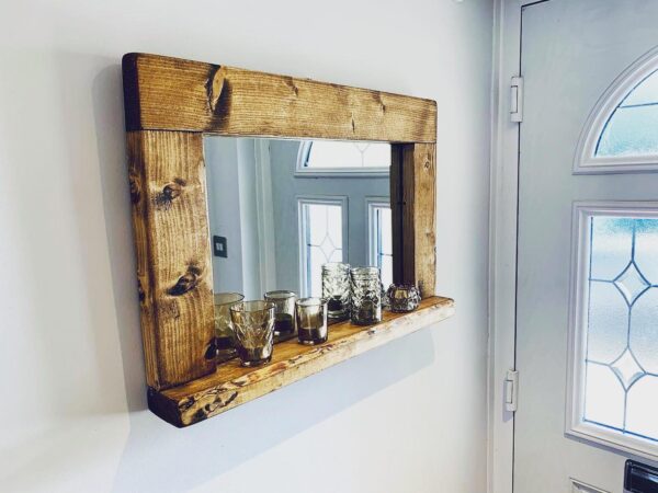 Handcrafted Waxed Mirror with Shelf | Rustic Bathroom, Entryway Décor, Farmhouse Wall Mirror, Wooden Vanity, Fireplace Mirror - Image 7