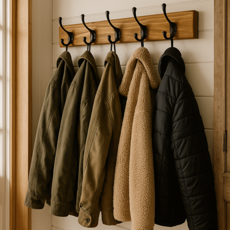 Rustic Coat Rack Waxed: Reclaimed Wood Entryway Organizer with Black Hooks