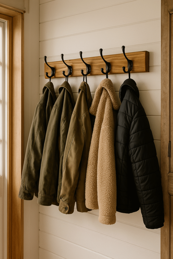 Rustic Coat Rack Waxed: Reclaimed Wood Entryway Organizer with Black Hooks