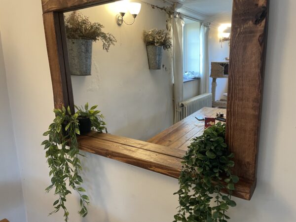 Handcrafted Waxed Mirror with Shelf | Rustic Bathroom, Entryway Décor, Farmhouse Wall Mirror, Wooden Vanity, Fireplace Mirror - Image 4