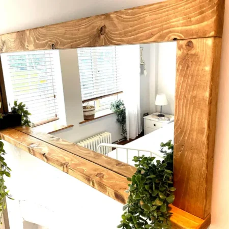 Handcrafted Waxed Mirror with Shelf | Rustic Bathroom, Entryway Décor, Farmhouse Wall Mirror, Wooden Vanity, Fireplace Mirror