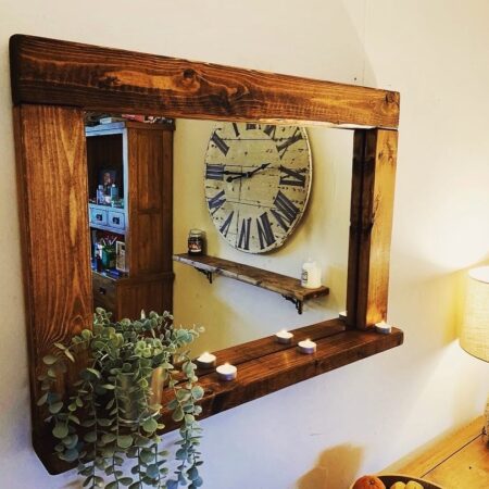 “Farmhouse style mirror with solid wood frame”