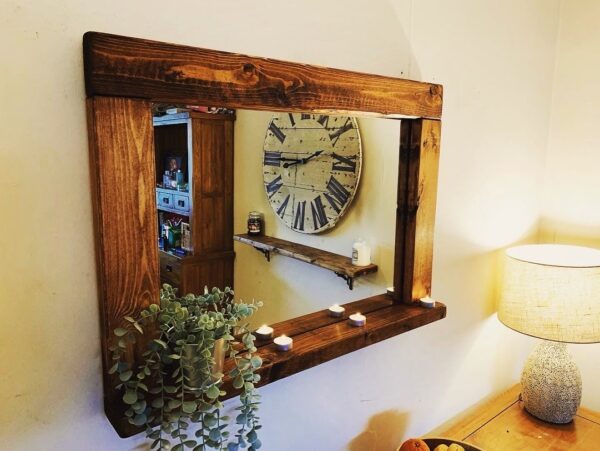 “Farmhouse style mirror with solid wood frame”
