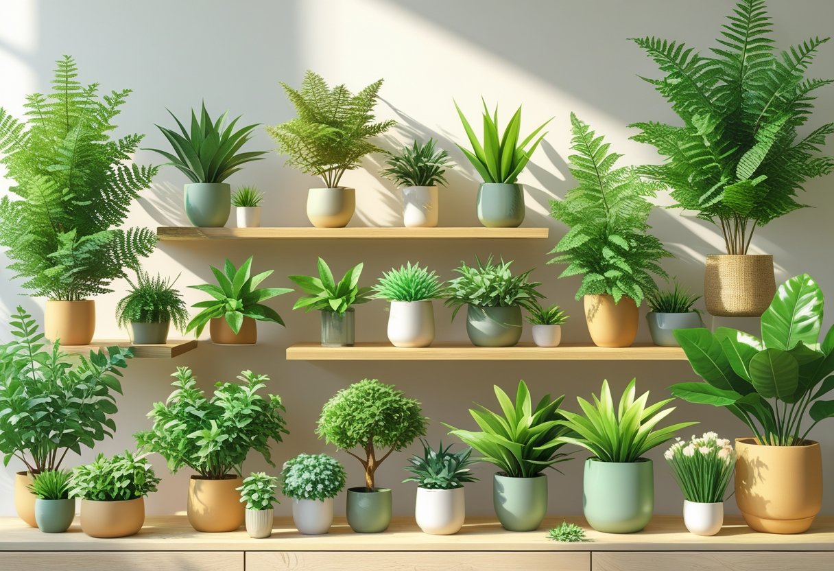 A display of various artificial plants including ferns, succulents, and small trees arranged on wooden shelves.