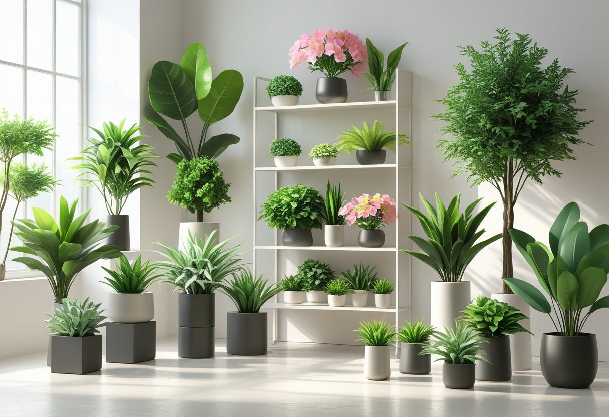 A variety of artificial plants including leafy plants, flowering plants, succulents, and indoor trees displayed in pots on shelves and tables in a bright indoor space.