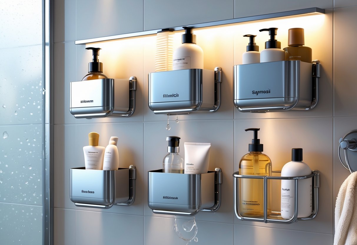 A set of five stainless steel adhesive shower caddies mounted on a tiled bathroom wall holding shampoo, conditioner, body wash, a razor, and a loofah.
