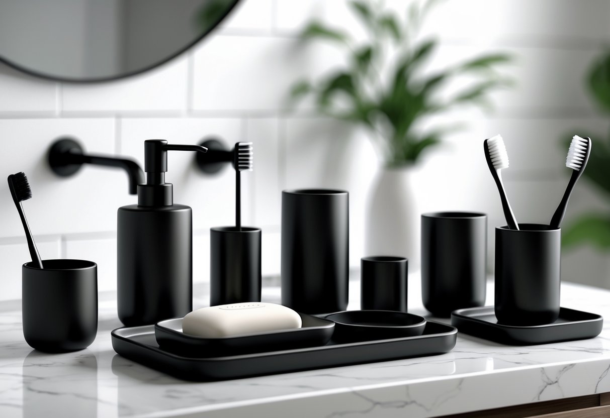 A set of ten black bathroom accessories including a soap dispenser and toothbrush holder arranged on a bathroom countertop.