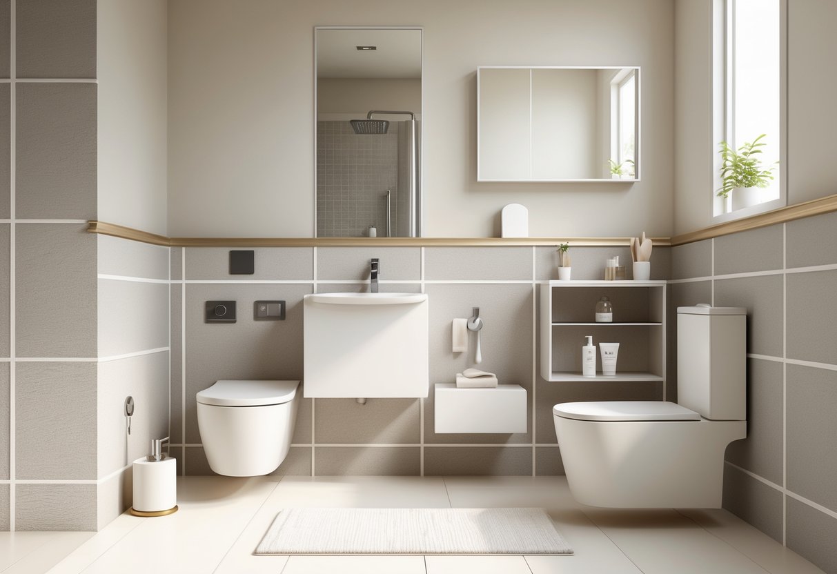 A modern bathroom interior showing peel and stick wall trim along the edges and five essential bathroom items arranged neatly on shelves and walls.
