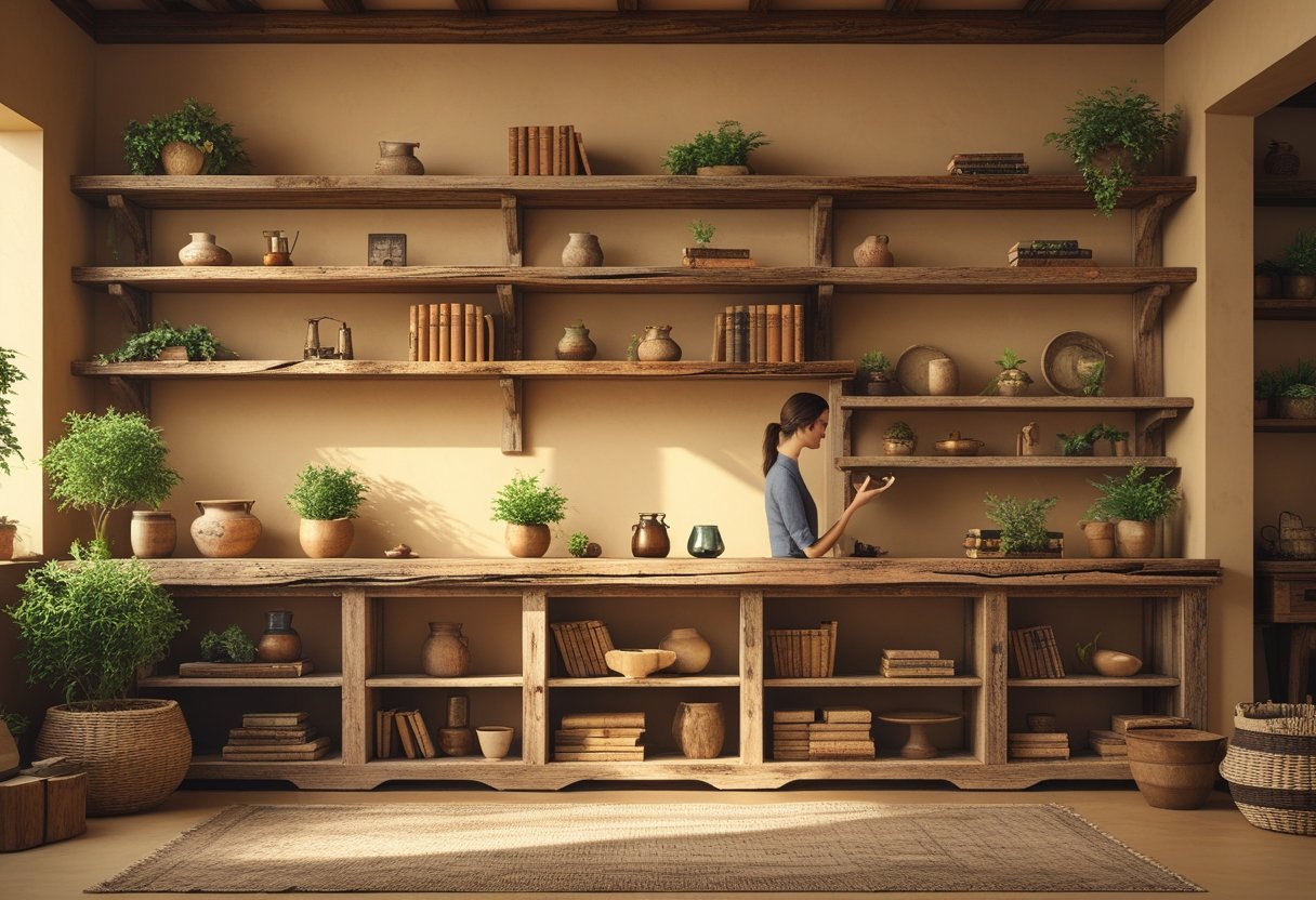 A person examining different rustic wooden shelves in a cosy room filled with decorative items like plants and pottery.
