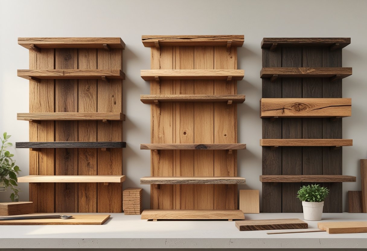 A selection of rustic wooden shelves made from different types of wood displayed in a clean workspace with tools and a plant.