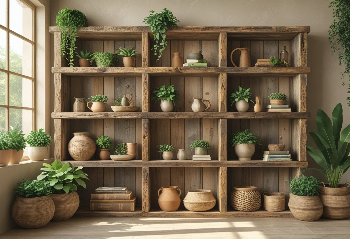 A cosy room with rustic wooden shelves displaying plants, pottery, baskets, and books, lit by natural light from a nearby window.