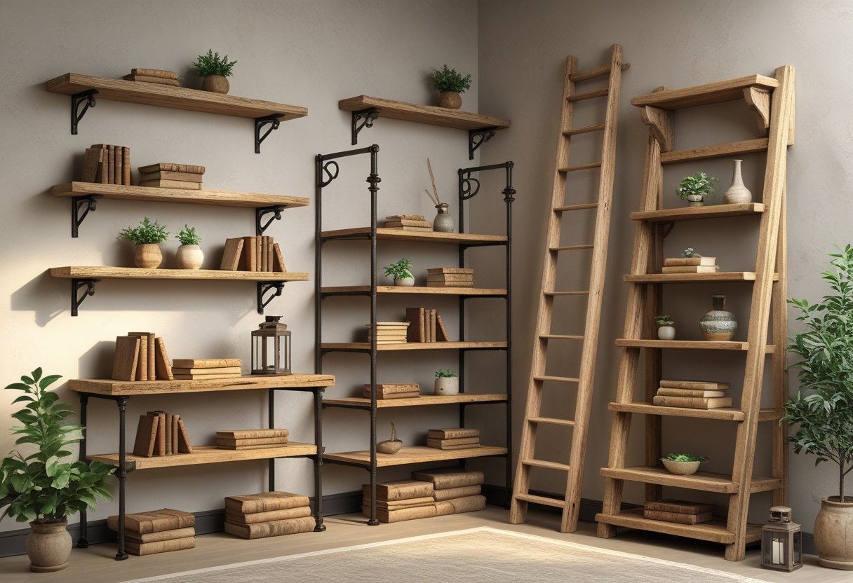 An interior scene displaying various wooden shelves mounted on a wall, holding books, plants, and decorative items.