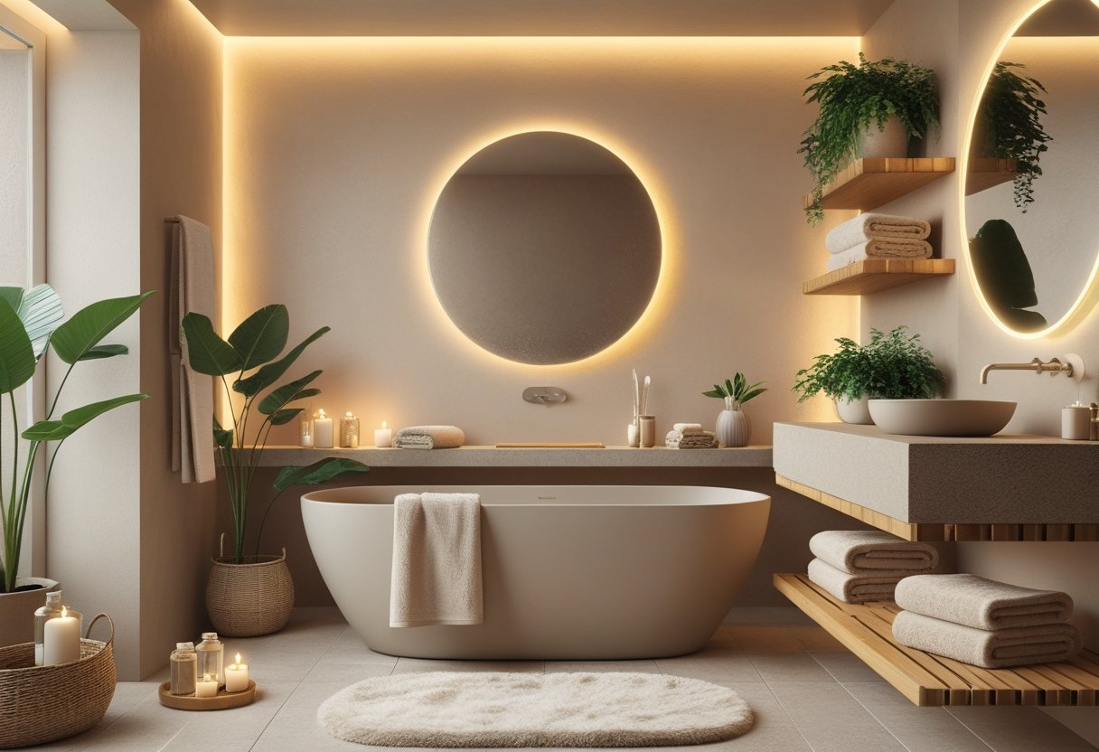 A bathroom with a freestanding bathtub, wooden shelves with towels and plants, a round mirror above a vanity, and soft lighting creating a warm atmosphere.