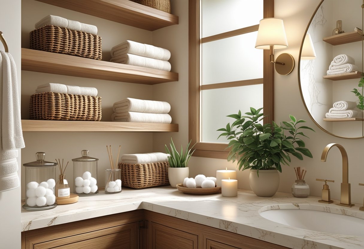 A bathroom with wooden shelves holding towels, baskets, jars, a plant, and candles next to a sink under soft natural light.