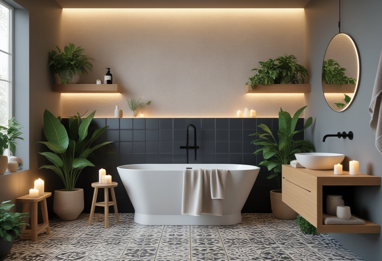 A bathroom with a freestanding bathtub, patterned floor tiles, textured wall, wooden accents, plants, and modern fixtures.